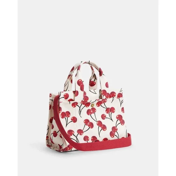 NEW COACH Mini Cargo Cherry Print Canvas Tote Bag 20 in Chalk/Multi - Picture 2 of 14